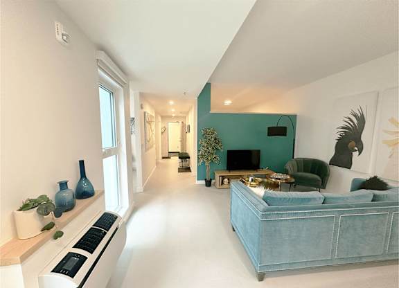 A blue couch sits in a bright living room with a white wall and a window.