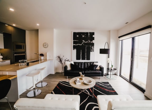 a living room with a black and white rug and white furniture