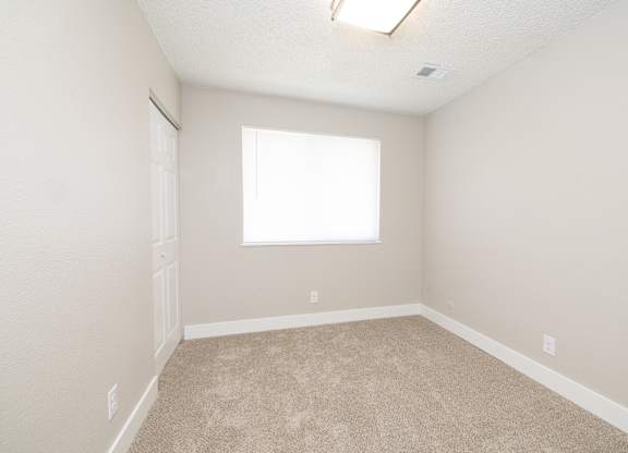A room with a carpeted floor and a window.