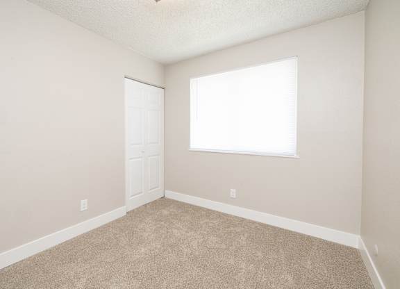 A room with a carpeted floor and a window.