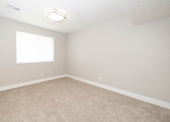 A room with a window and carpeted floor.