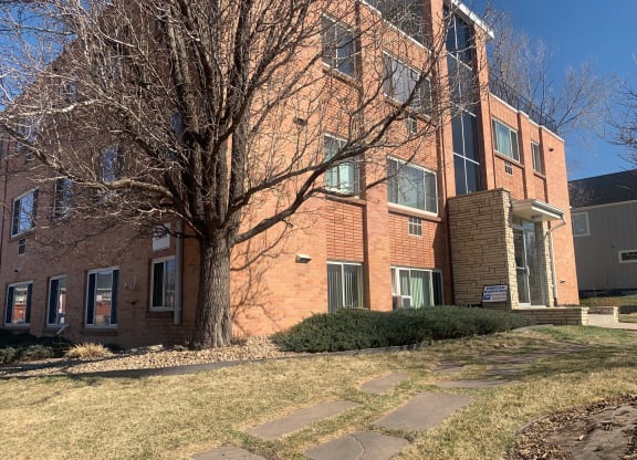 a brick building with a large tree in front of it