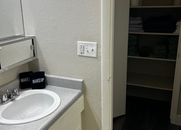a bathroom with a sink and an open door to a closet