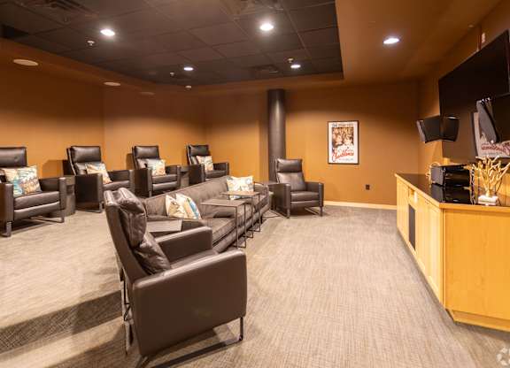 A theater room with brown leather chairs.