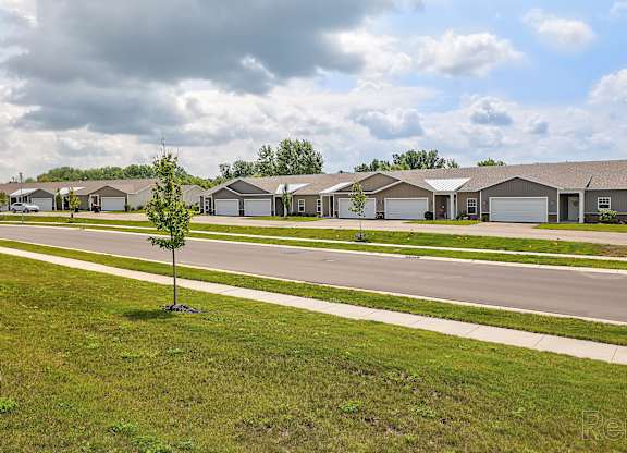 A tree stands alone in a grassy field in front of a row of houses.