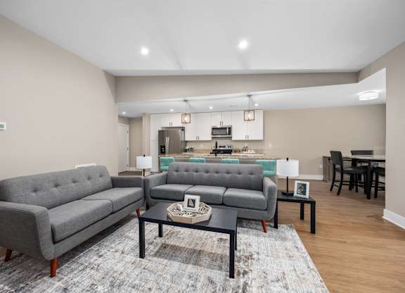 A living room with a grey couch and a coffee table.