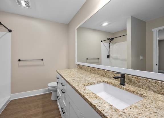 A bathroom with a granite countertop and a white sink.