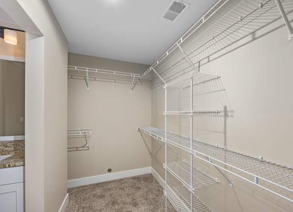 A walk-in closet with white shelving and a carpeted floor.