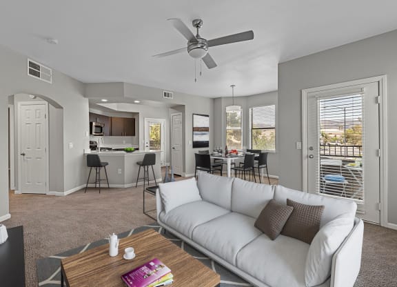 Cyan at Green Valley Apartments Model Living Room and Kitchen