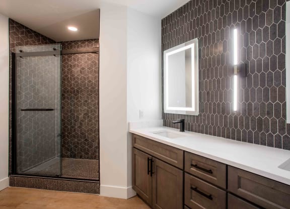 a bathroom with a sink and a shower
