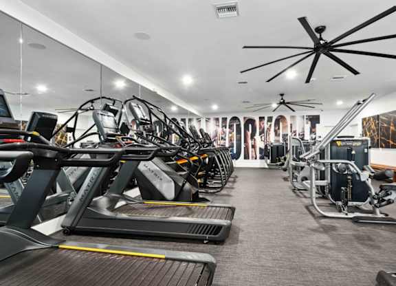 A gym with treadmills, exercise bikes, and other equipment.
