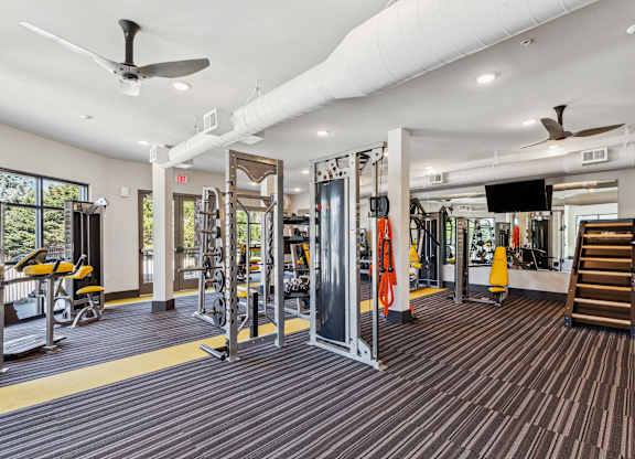 A gym with a variety of equipment including a squat rack, bench press, and a rowing machine.