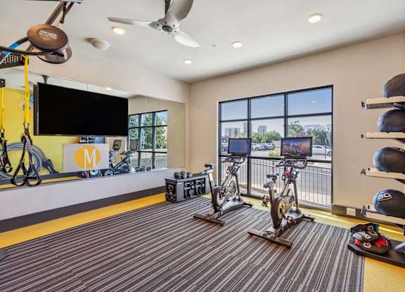 A gym with a variety of exercise equipment including treadmills, stationary bikes, and weight racks.