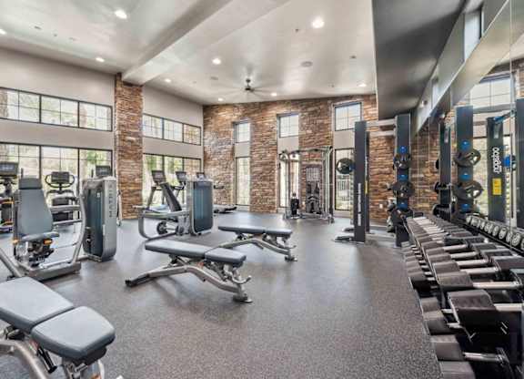 A gym with a variety of equipment including treadmills, weights, and benches.