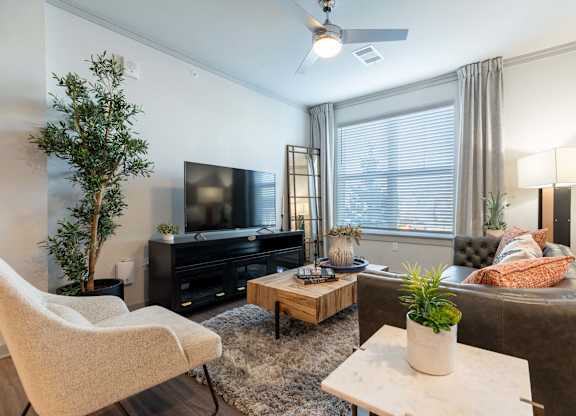 A living room with a white chair, a brown sofa, a wooden coffee table, a TV, and a plant.