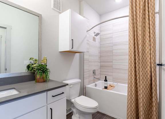 A bathroom with a white toilet, sink, and bathtub.