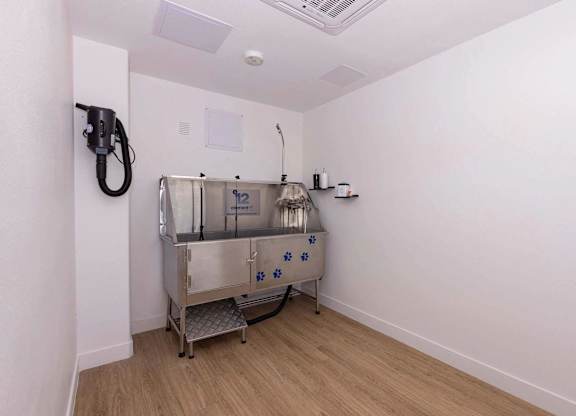 A clean, empty room with a stainless steel sink and faucet.
