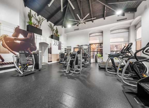 A gym with treadmills, exercise bikes, and other equipment.