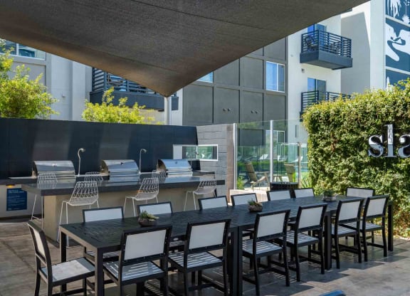 a long dining table with chairs in front of an outdoor kitchen