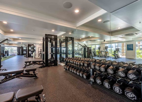 a spacious fitness center with weights and other exercise equipment