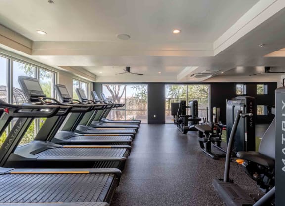 a row of treadmills and exercise machines in a fitness room at slate scottsdale