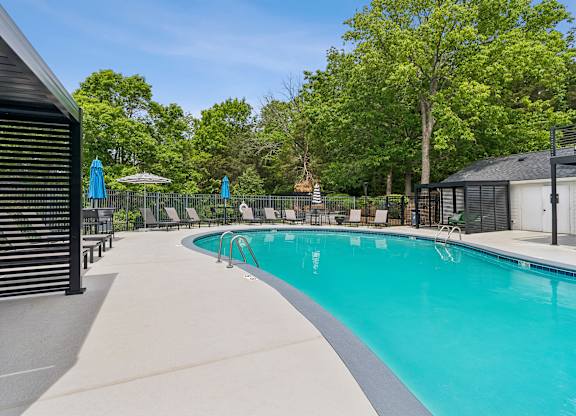 A swimming pool surrounded by trees and a fence.