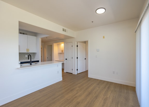 a kitchen and living room in an apartment