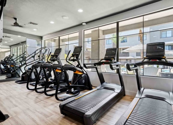 a gym with cardio equipment and large windows