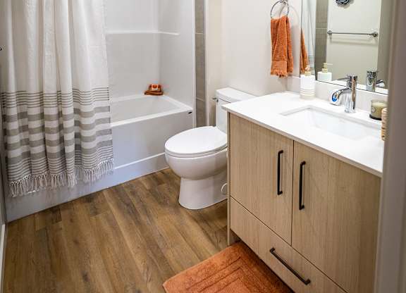 a bathroom with a shower toilet sink and a mirror