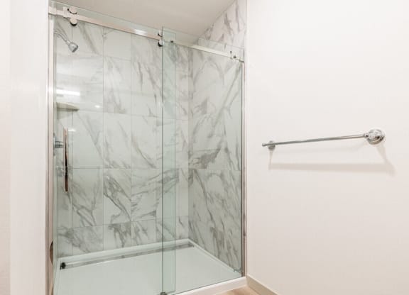 a bathroom with a glass shower door and a towel rack