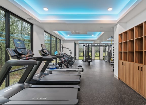 a gym with treadmills and other fitness equipment and windows