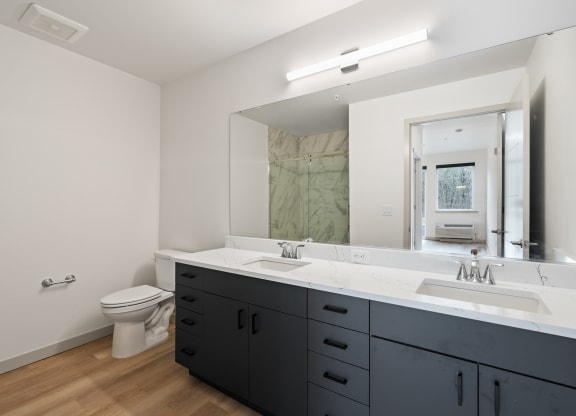 a bathroom with two sinks and a toilet and a large mirror