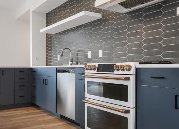 a kitchen with blue cabinets and a stainless steel oven and sink