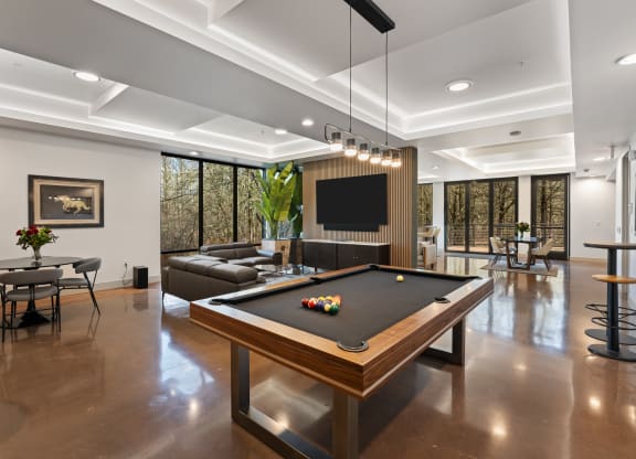 a living room with a pool table and a television
