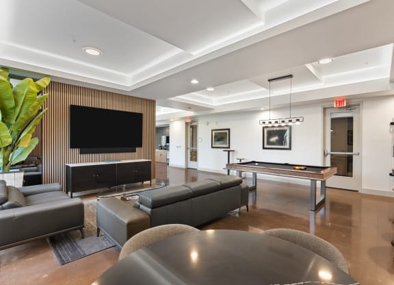 a game room with a pool table and a tv