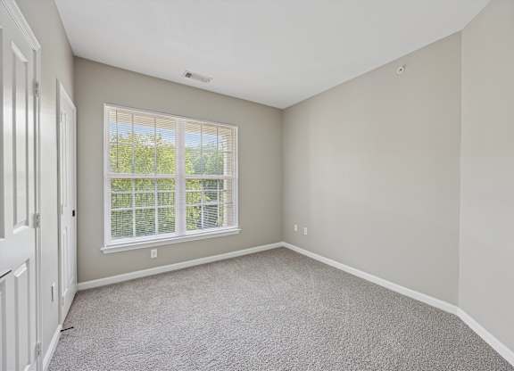 A room with a carpeted floor and a window with blinds.