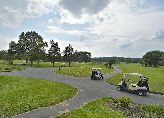 A golf cart is driving down a path in a grassy area.