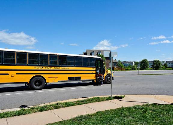 A yellow school bus is parked on the side of the road.