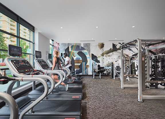 A gym with treadmills and weights.