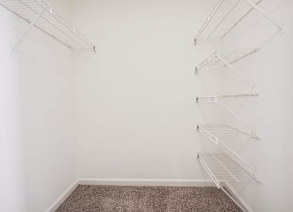 Empty room with white walls and shelves.