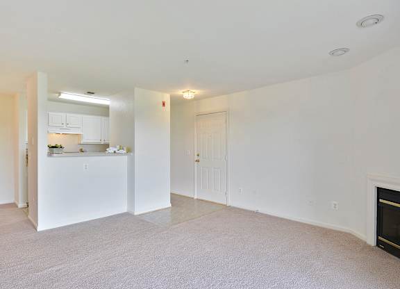 A white room with a fireplace and a kitchen area in the background.