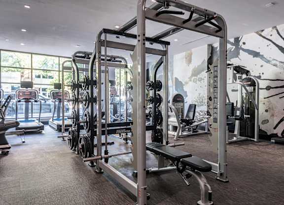 A gym with a variety of equipment including a squat rack.