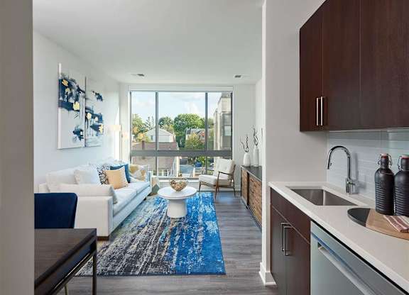 A modern kitchen with a blue rug on the floor.
