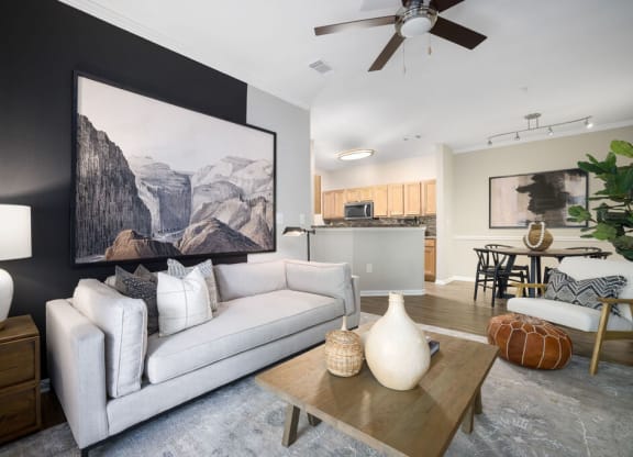 a living room with a white couch and a coffee table at Tradition at Stonewater, Cary, NC, 27519
