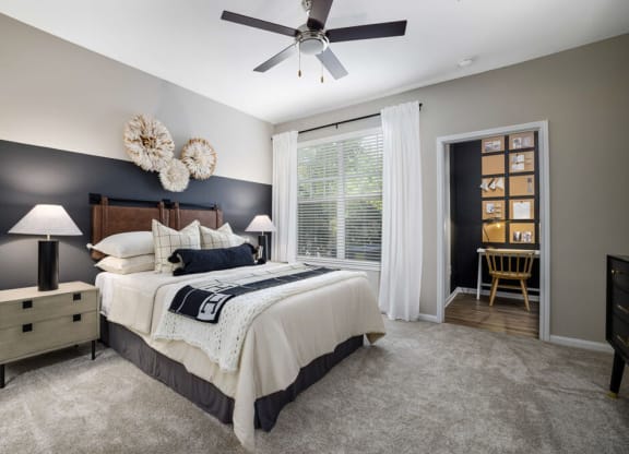 a bedroom with a bed and a ceiling fan at Tradition at Stonewater, Cary, NC, 27519