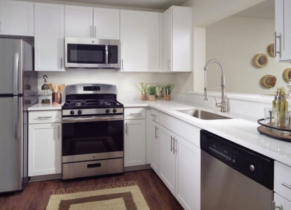 Renovated Kitchen with stainless steel appliances and quartz countertops at Elme Cumberland Apartments, Smyrna, Georgia