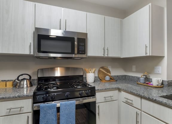 Renovated kitchen with stainless steel appliances and granite countertops at Elme Dulles, Herndon, VA, 20171