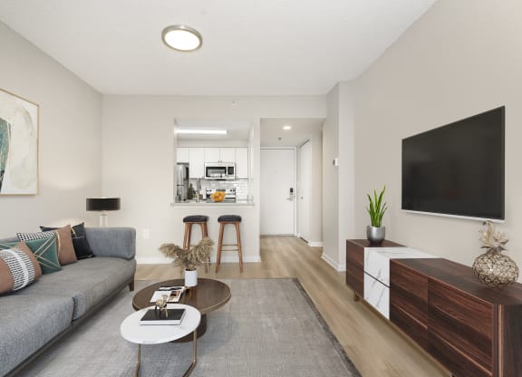Living room with a couch and a tv at Cascade at Landmark, Alexandria, Virginia
