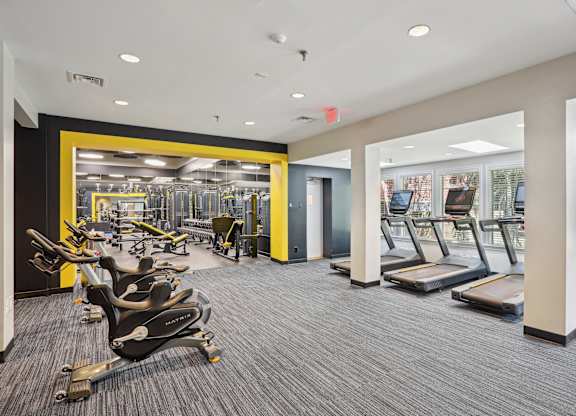A gym with treadmills and exercise machines at Elme Alexandria, Alexandria, 22304