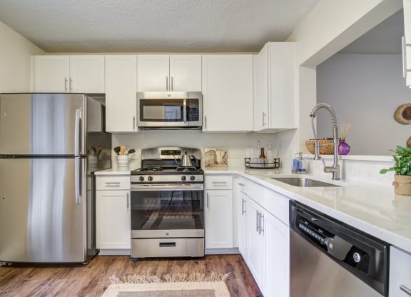 Renovated Kitchen with stainless steel appliances and quartz countertops at Elme Cumberland Apartments, Smyrna, Georgia